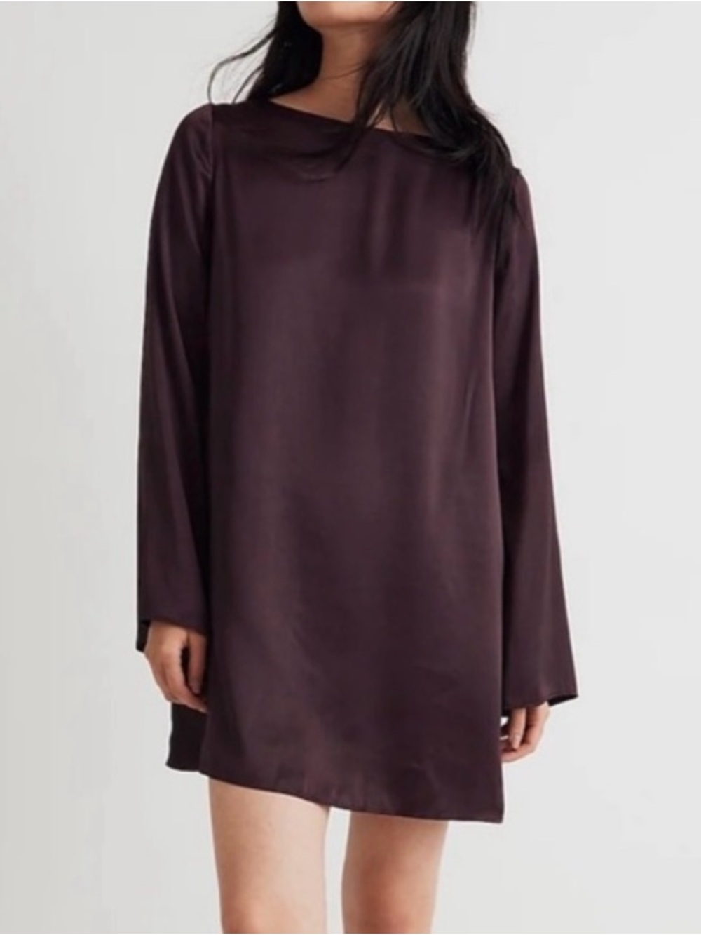 Madewell Satin Long-Sleeve Shift Dress in Chocolate Raisin